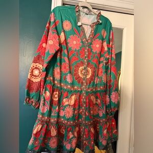 Green Floral Tiered Button-Front Women’s Dress